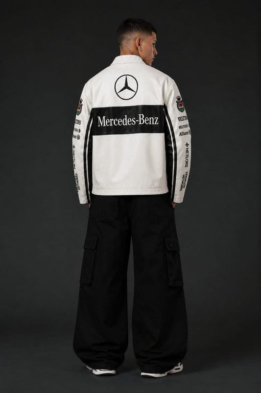 White Mercedes Leather Embroidered Jacket
