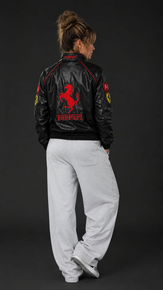Black and White Ferrari Leather Embroidered Jacket
