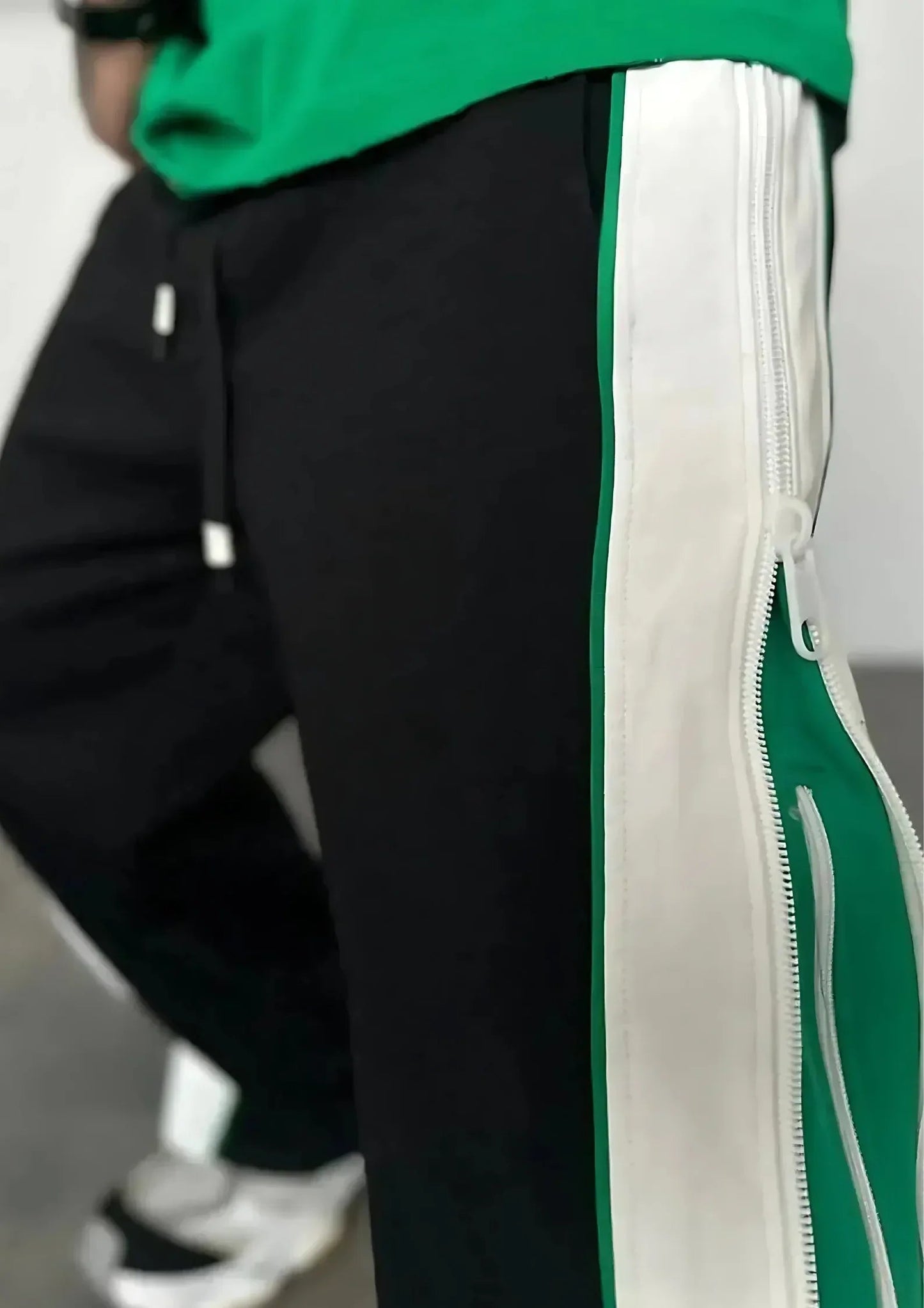 Double Zip Green Wide Leg Zip Up Baggy Pants - Kezual