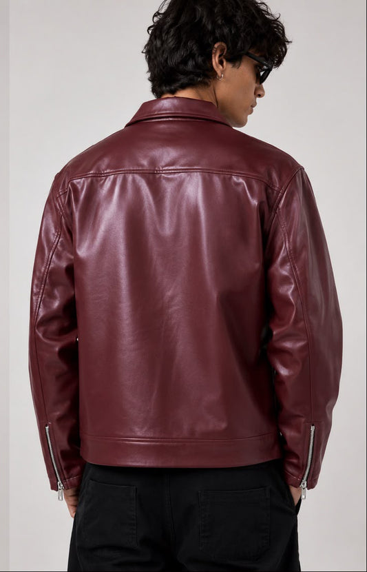 Chinese Style Premium Leather Jacket - Red