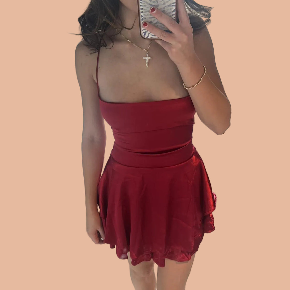 Crimson Satin Ruffle Mini Dress