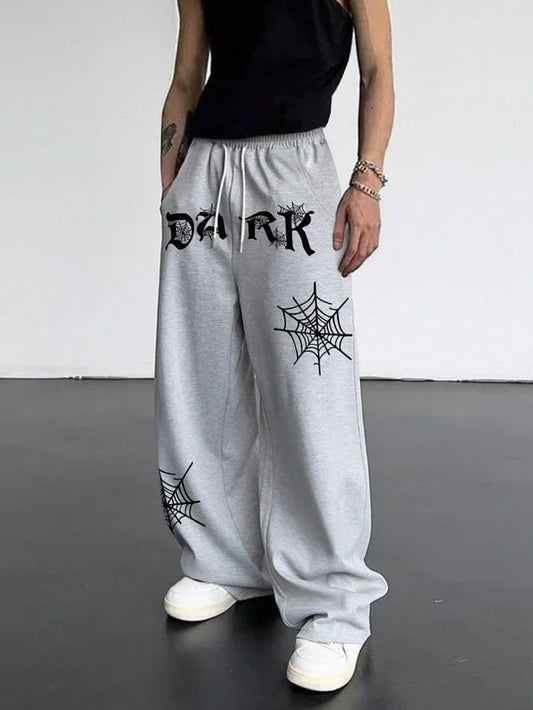 Dark Grey Aesthetic Spider Web Oversized Sweatpants