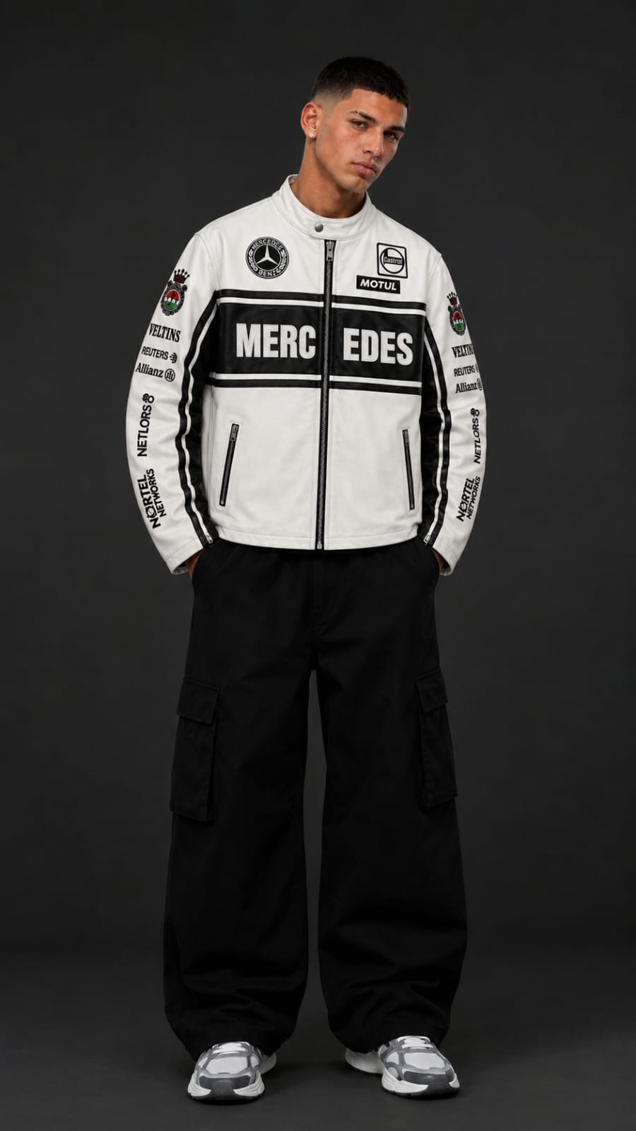 White Mercedes Leather Embroidered Jacket