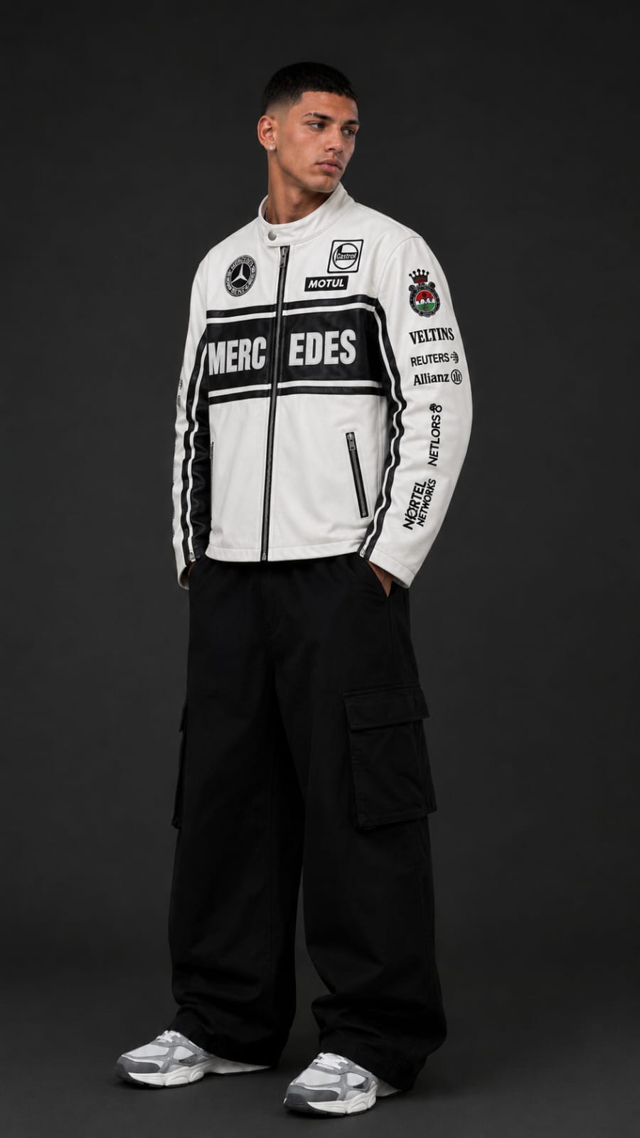 White Mercedes Leather Embroidered Jacket