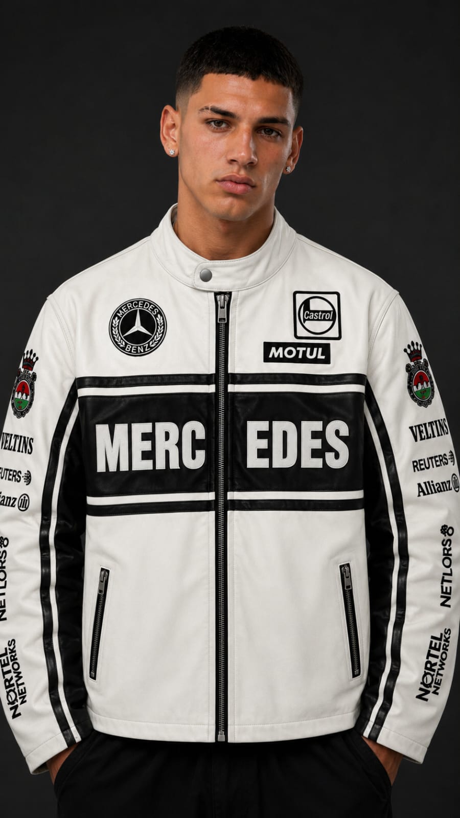 White Mercedes Leather Embroidered Jacket