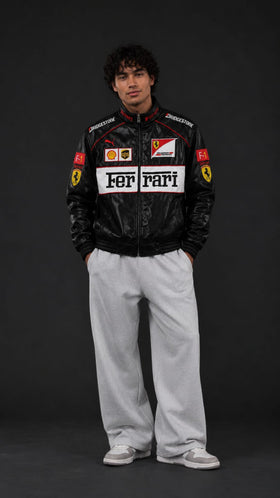 Black and White Ferrari Leather Embroidered Jacket