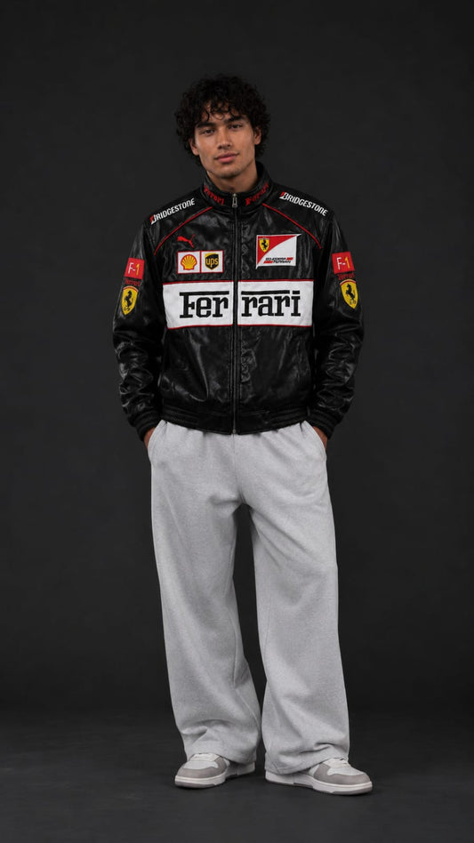 Black and White Ferrari Leather Embroidered Jacket
