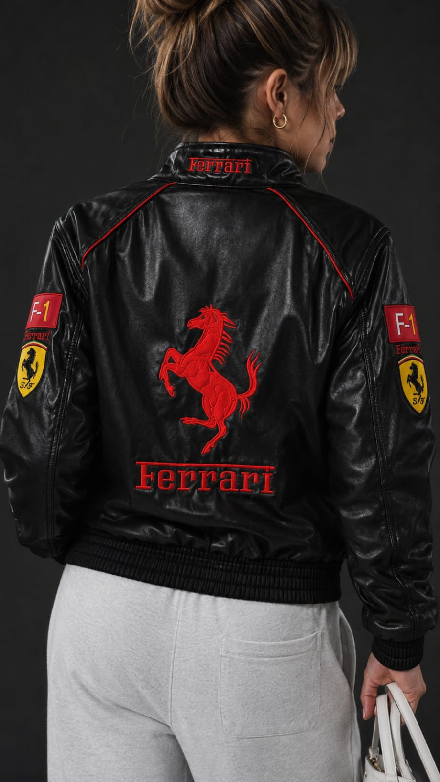 Black and White Ferrari Leather Embroidered Jacket