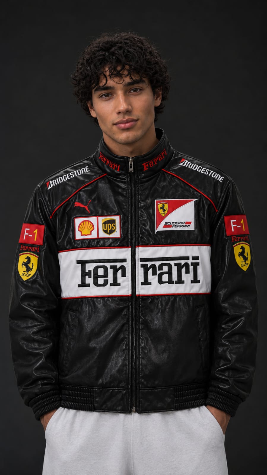 Black and White Ferrari Leather Embroidered Jacket