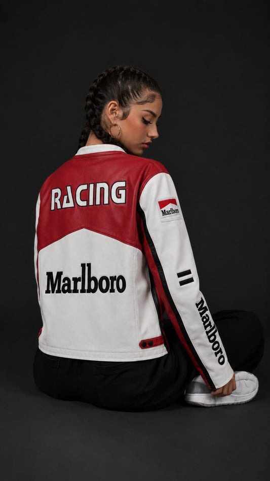 White Marlboro Leather Embroidered Jacket