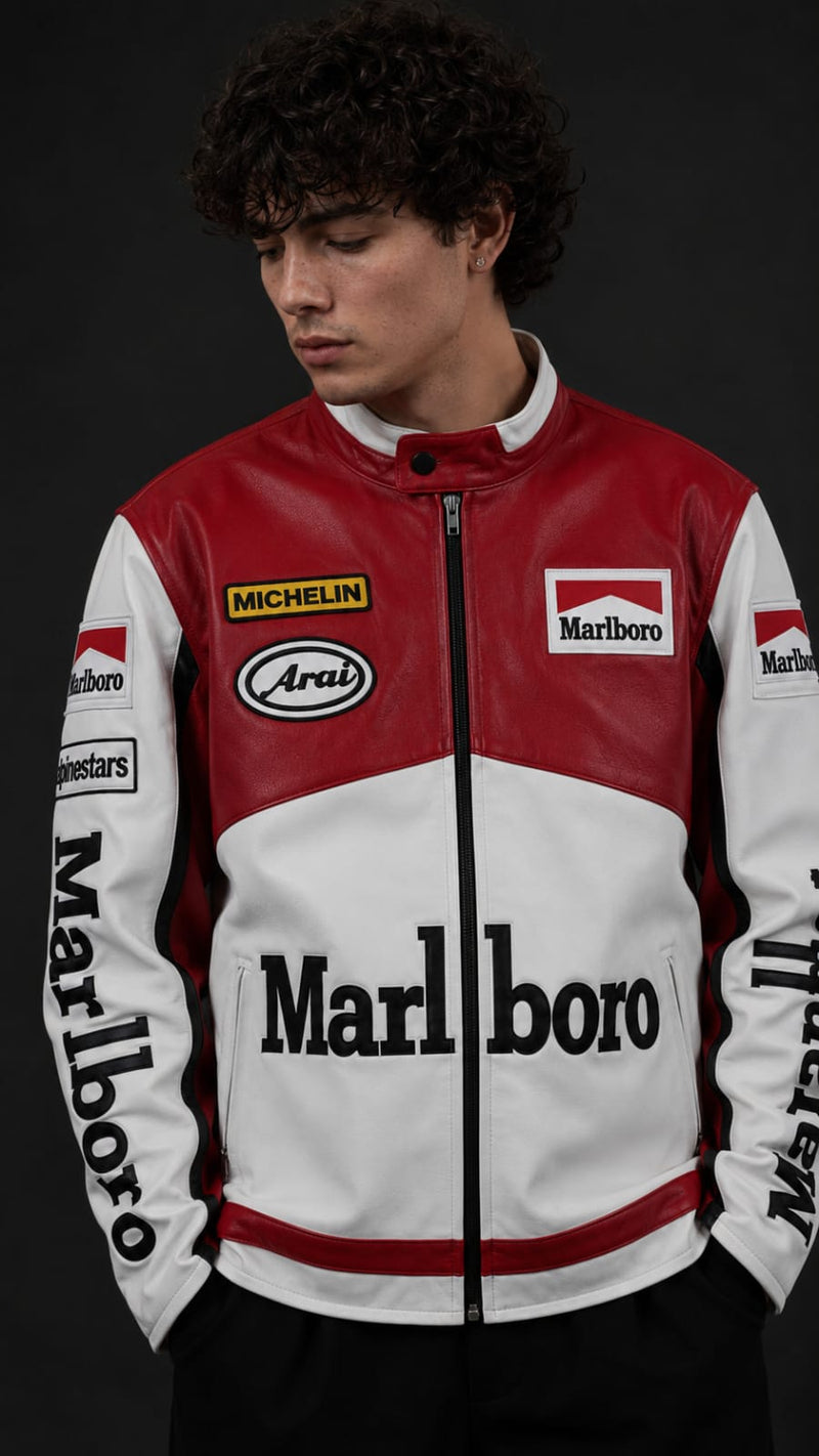 White Marlboro Leather Embroidered Jacket