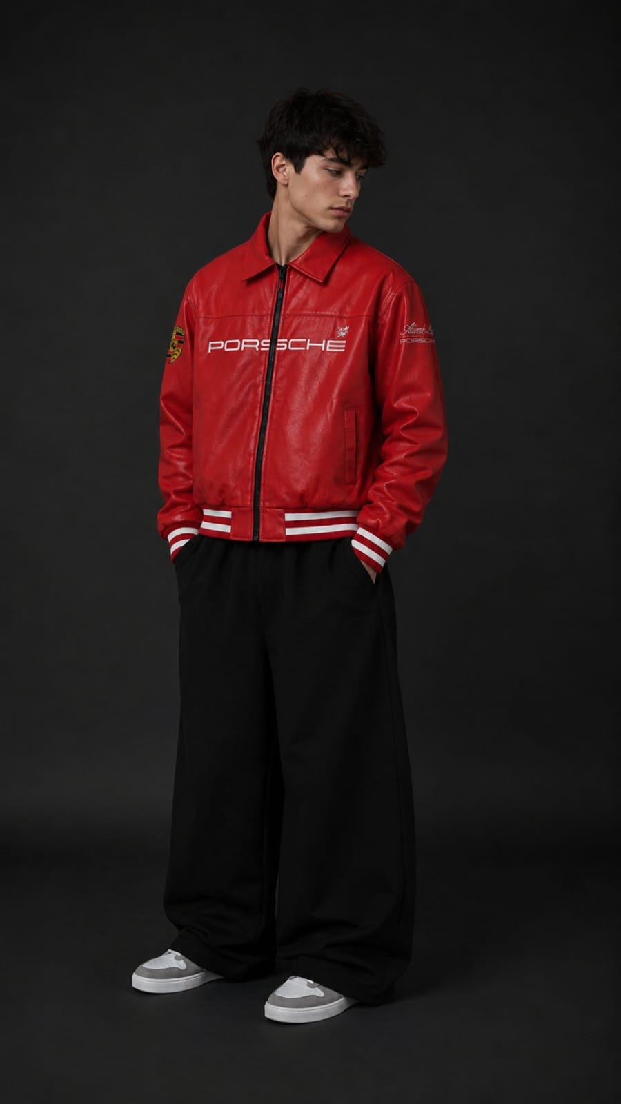 Red Porsche Leather Embroidered Jacket