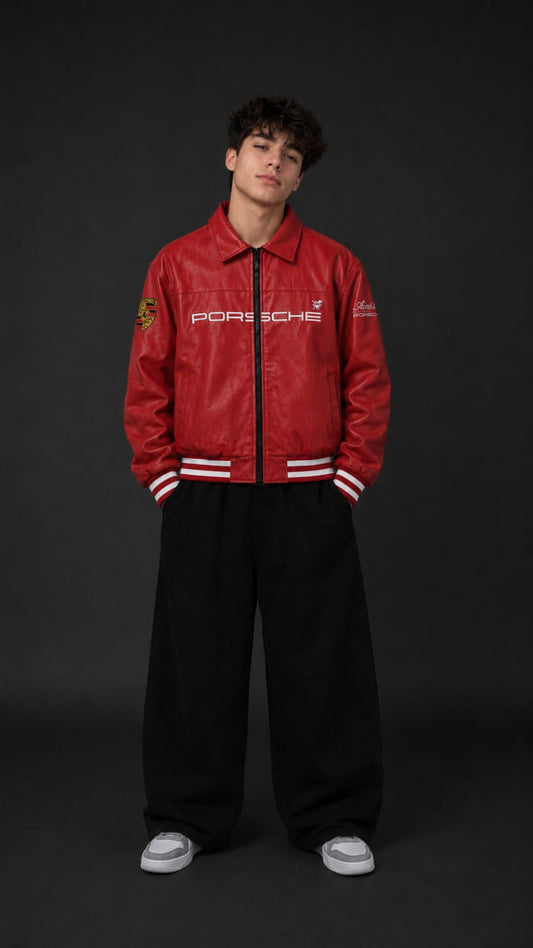 Red Porsche Leather Embroidered Jacket