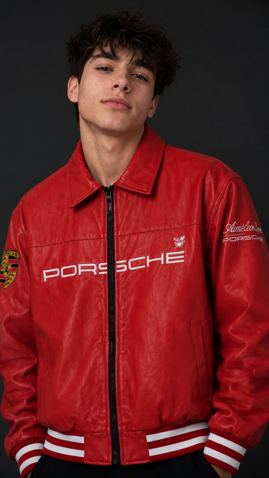 Red Porsche Leather Embroidered Jacket