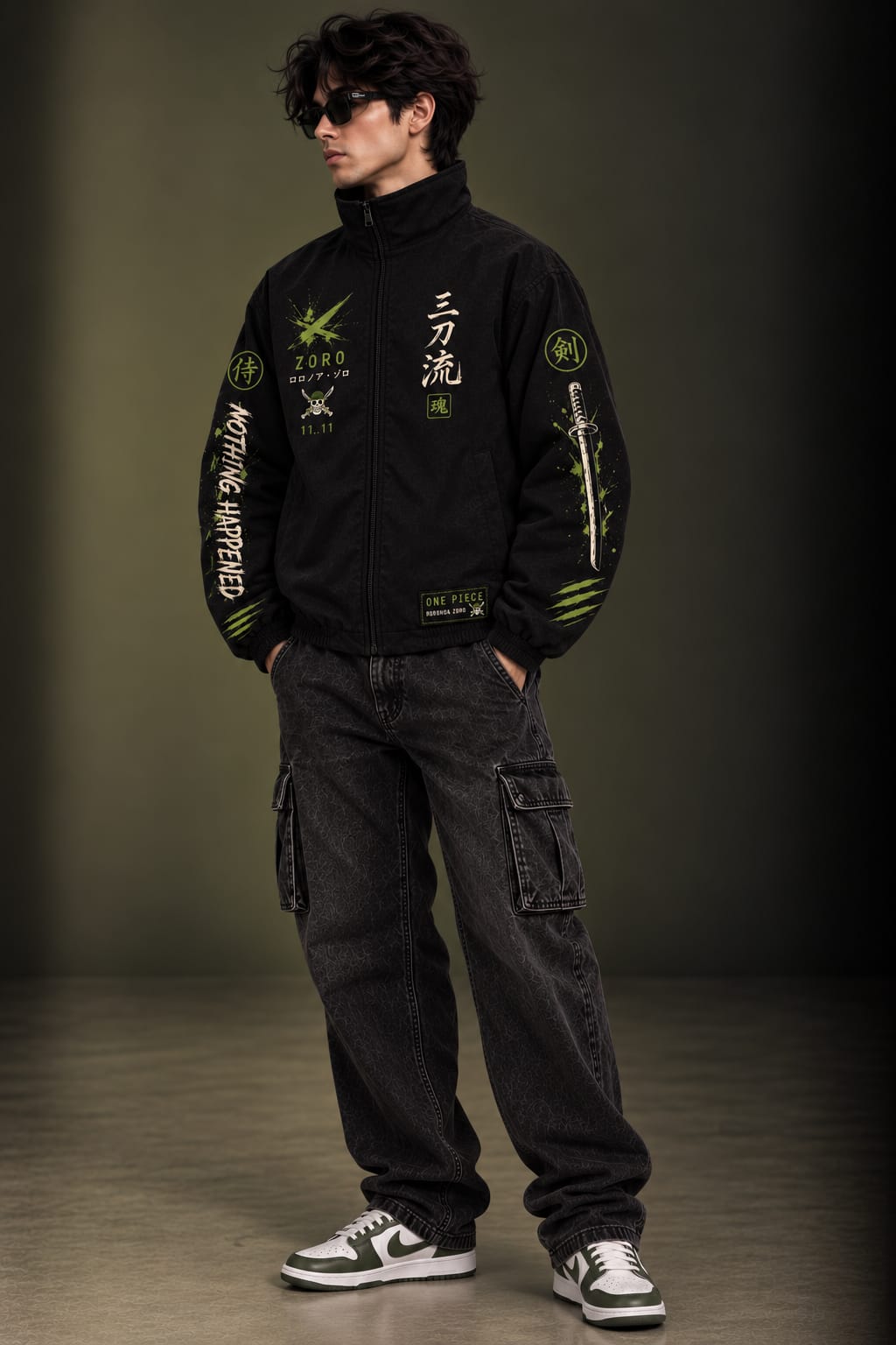 Ronoroa Zoro Inspired Black Zip Parachute Jacket