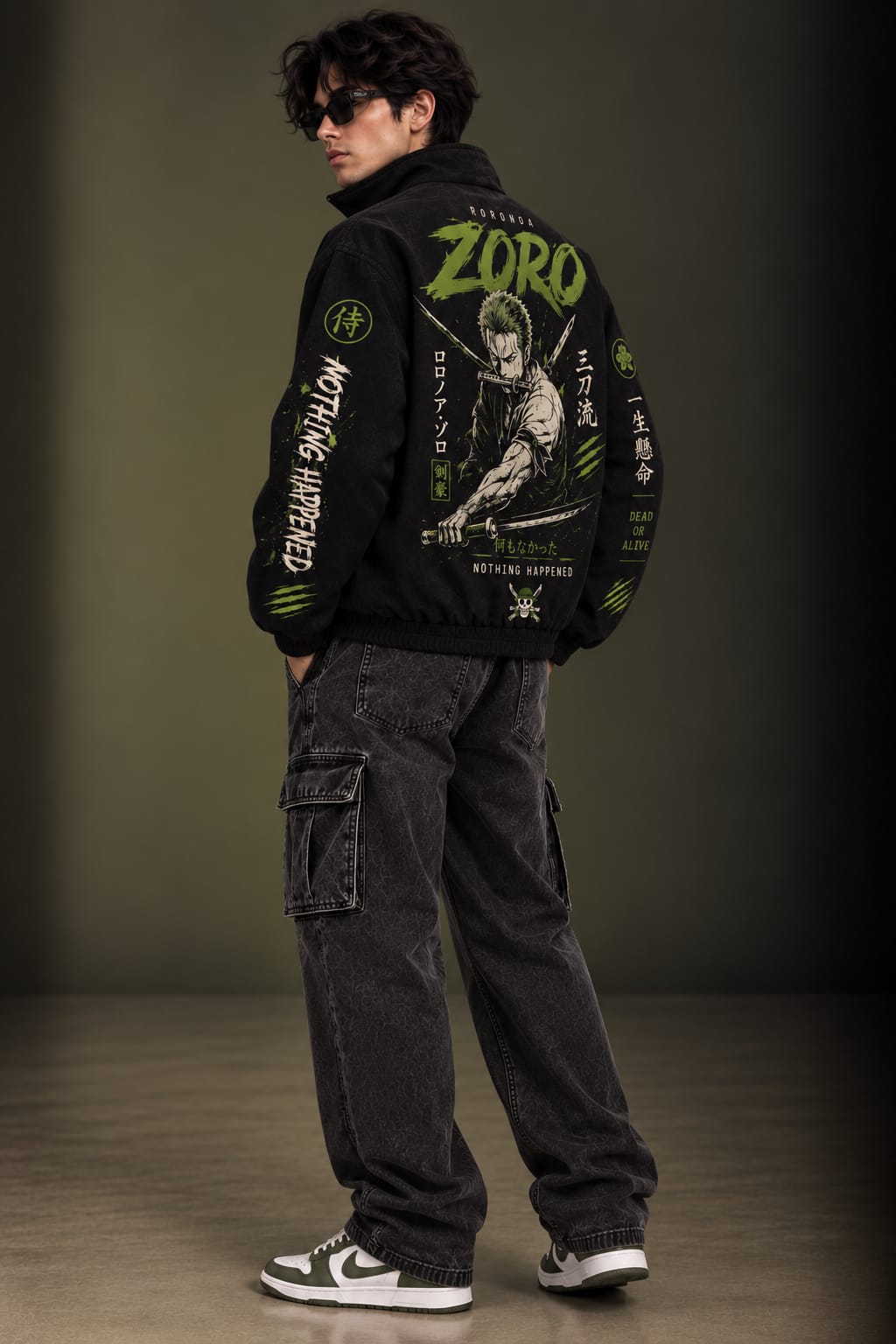 Ronoroa Zoro Inspired Black Zip Parachute Jacket
