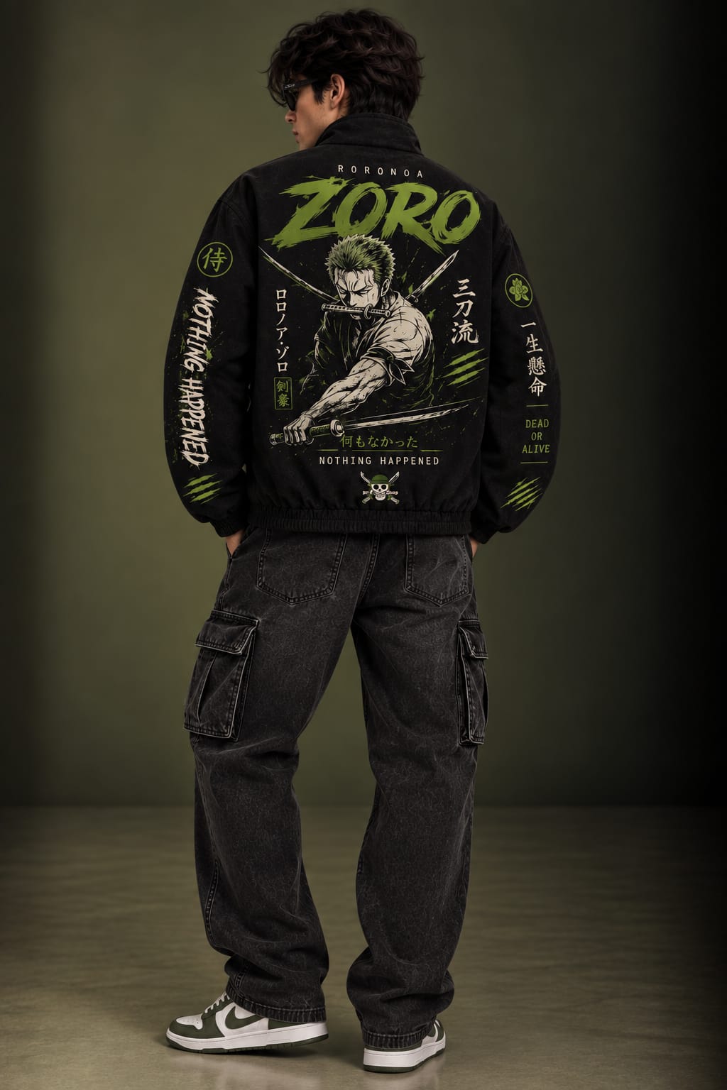 Ronoroa Zoro Inspired Black Zip Parachute Jacket