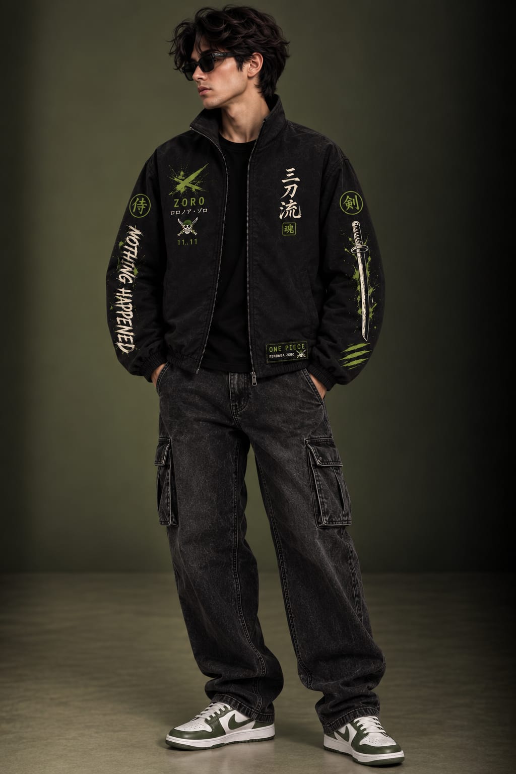 Ronoroa Zoro Inspired Black Zip Parachute Jacket