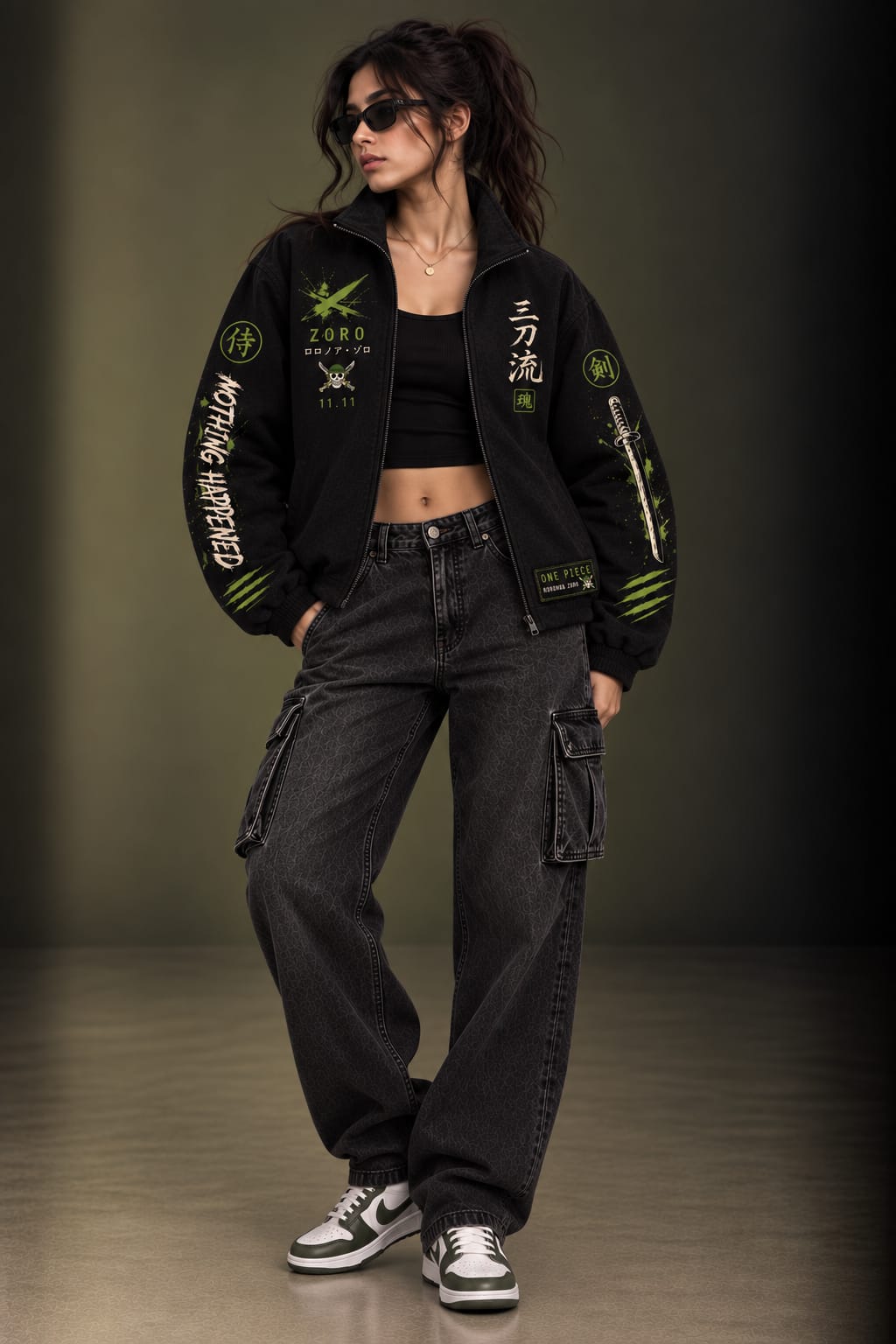 Ronoroa Zoro Inspired Black Zip Parachute Jacket