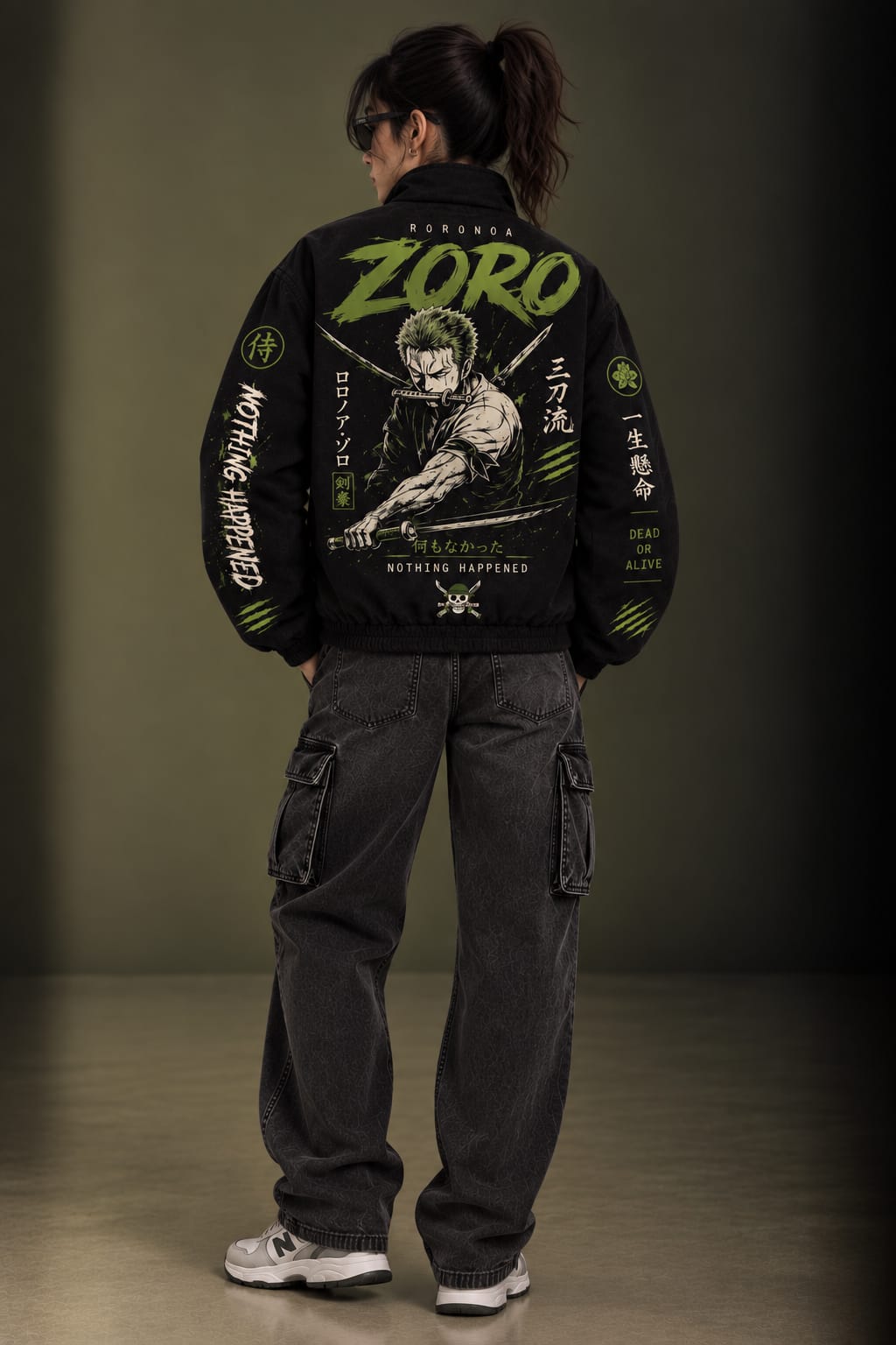 Ronoroa Zoro Inspired Black Zip Parachute Jacket