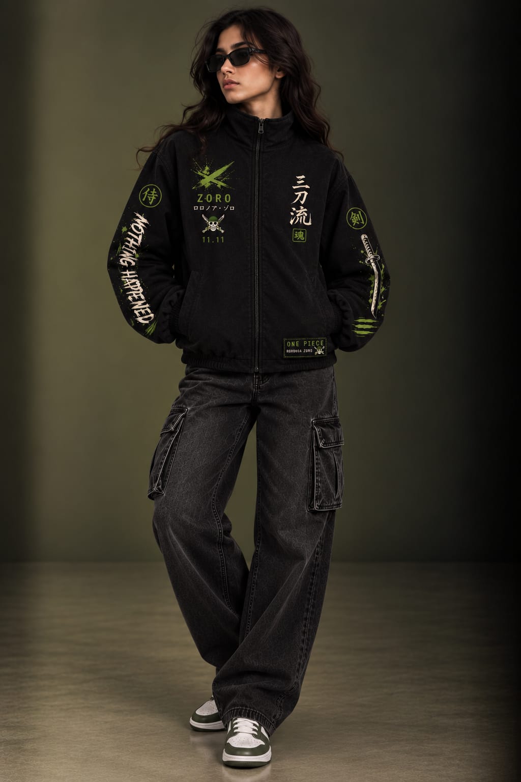 Ronoroa Zoro Inspired Black Zip Parachute Jacket