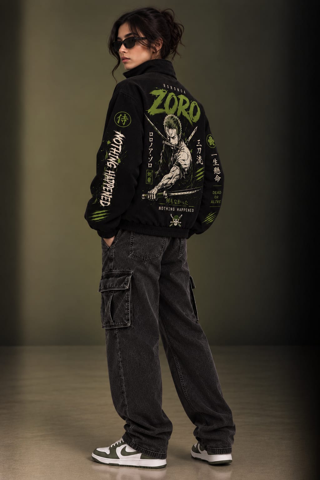 Ronoroa Zoro Inspired Black Zip Parachute Jacket