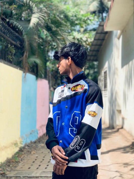 Vintage Y2K Blue Racing Jacket – Retro Motorcycle Style
