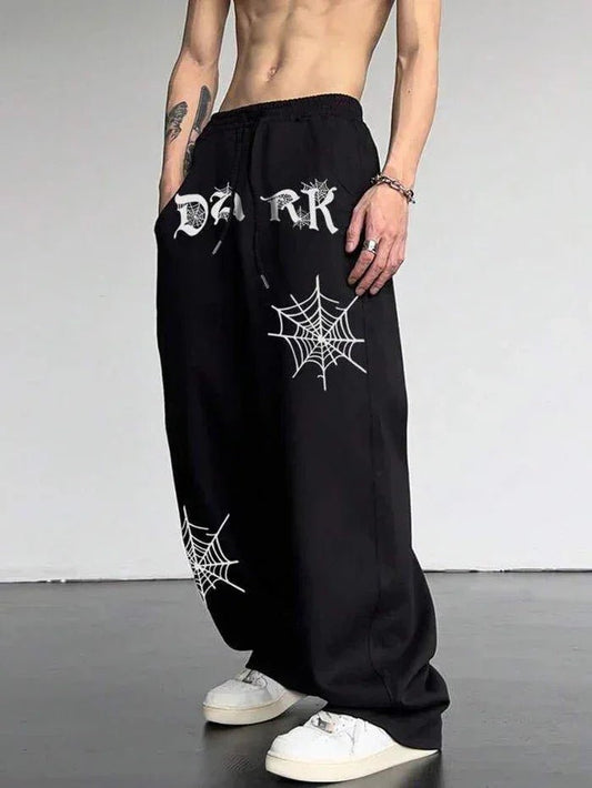 Dark Black Aesthetic Spider Web Oversized Sweatpants - Kezual