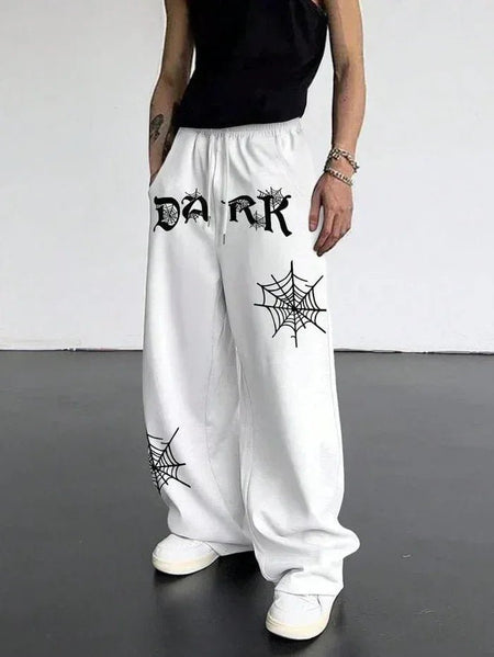 Dark White Aesthetic Spider Web Oversized Sweatpants - Kezual