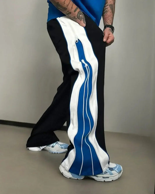 Double Zip Blue Wide Leg Zip Up Baggy Pants - Kezual