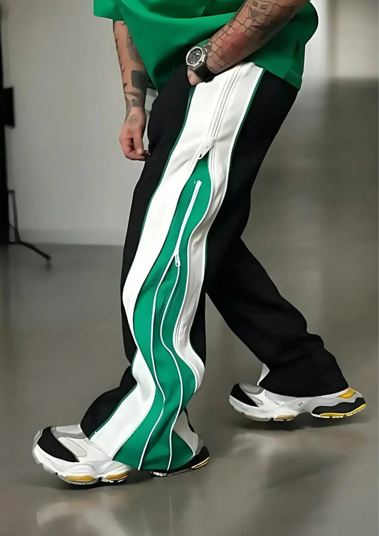 Double Zip Green Wide Leg Zip Up Baggy Pants - Kezual