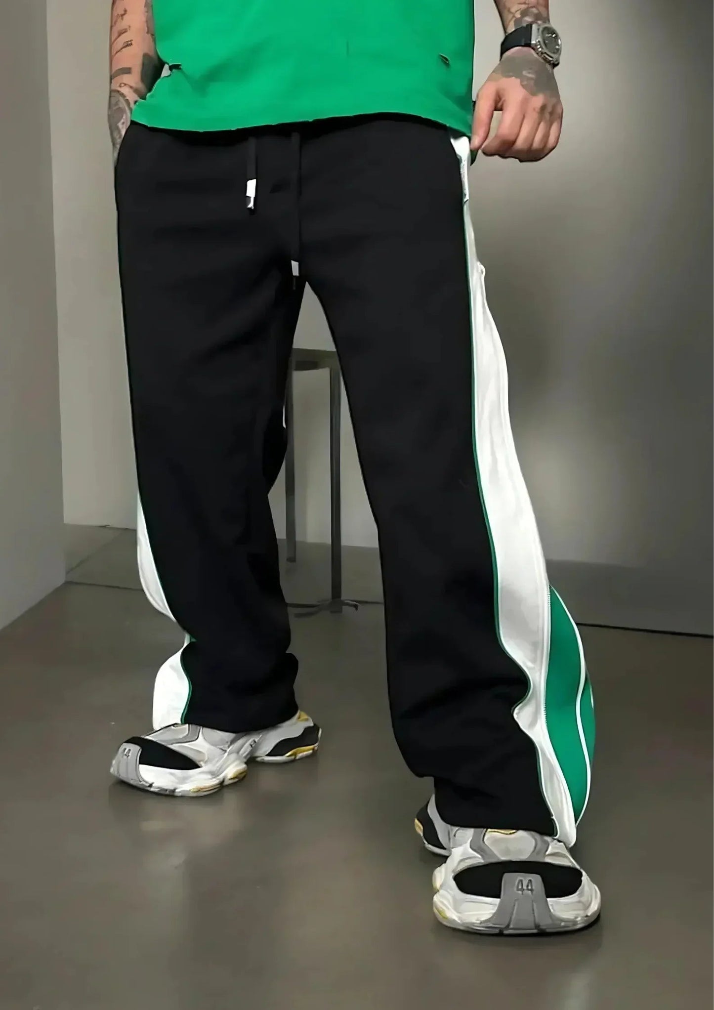 Double Zip Green Wide Leg Zip Up Baggy Pants - Kezual