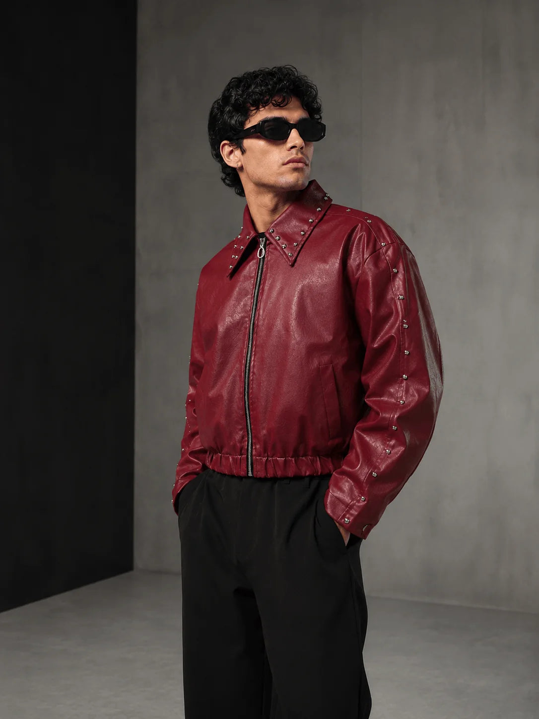 Kezual Studded Leather Jacket - Maroon